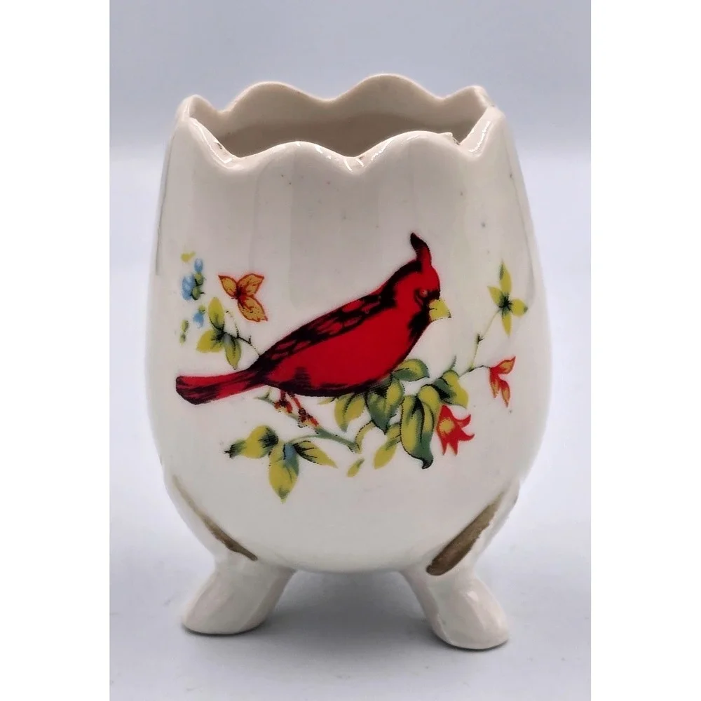 3-Footed Cardinal Ceramic Egg Shaped Scalloped Rim Planter Vase Cup 3